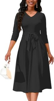 Women's Casual A-Line Dress Wedding Guest Cocktail Church Flare Swing Midi Dresses with 3/4 Sleeve V-Neck Belted - Image 6