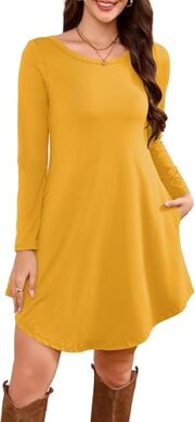 Women's Long Sleeve T Shirt Dress Crewneck Knee Length Loose Casual Flowy Swing Tunic Dresses with Pockets