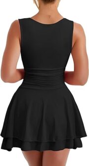 Women's Square Neck Ruffle Hem Mini Dress Ruched Waist Short Party Dresses - Image 3