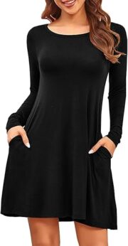 Long Sleeve Dresses for Women Black Dress Casual Short T-Shirt Dresses