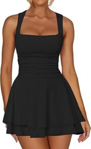 Women's Square Neck Ruffle Hem Mini Dress Ruched Waist Short Party Dresses