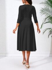 Women's Casual A-Line Dress Wedding Guest Cocktail Church Flare Swing Midi Dresses with 3/4 Sleeve V-Neck Belted - Image 5