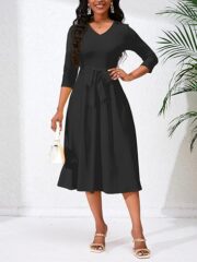 Women's Casual A-Line Dress Wedding Guest Cocktail Church Flare Swing Midi Dresses with 3/4 Sleeve V-Neck Belted