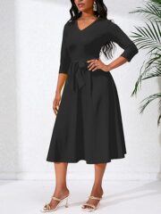 Women's Casual A-Line Dress Wedding Guest Cocktail Church Flare Swing Midi Dresses with 3/4 Sleeve V-Neck Belted - Image 4