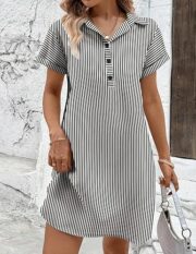 Womens Cotton Shirt Dress Summer Casual Short Sleeve Button Down Beach Cover Up Shirts with Pockets - Image 2