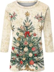 Womens Fashion 2025 Christmas Printed Funny Tshirts Xmas Holiday Tops Trendy Cute 3/4 Length Sleeve Round Neck Blouses - Image 2