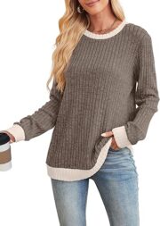 Womens Tops Long Sleeve Shirts Lightweight Sweaters Loose Fit Crewneck Color Block Fall Fashion Outfits