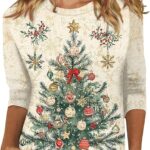 Womens Fashion 2025 Christmas Printed Funny Tshirts Xmas Holiday Tops Trendy Cute 3/4 Length Sleeve Round Neck Blouses