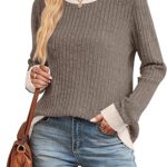 Womens Tops Long Sleeve Shirts Lightweight Sweaters Loose Fit Crewneck Color Block Fall Fashion Outfits