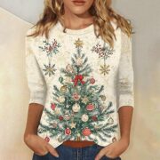 Womens Fashion 2025 Christmas Printed Funny Tshirts Xmas Holiday Tops Trendy Cute 3/4 Length Sleeve Round Neck Blouses