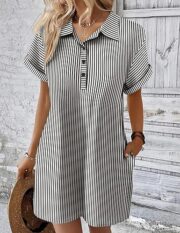Womens Cotton Shirt Dress Summer Casual Short Sleeve Button Down Beach Cover Up Shirts with Pockets - Image 4