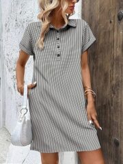 Womens Cotton Shirt Dress Summer Casual Short Sleeve Button Down Beach Cover Up Shirts with Pockets - Image 3